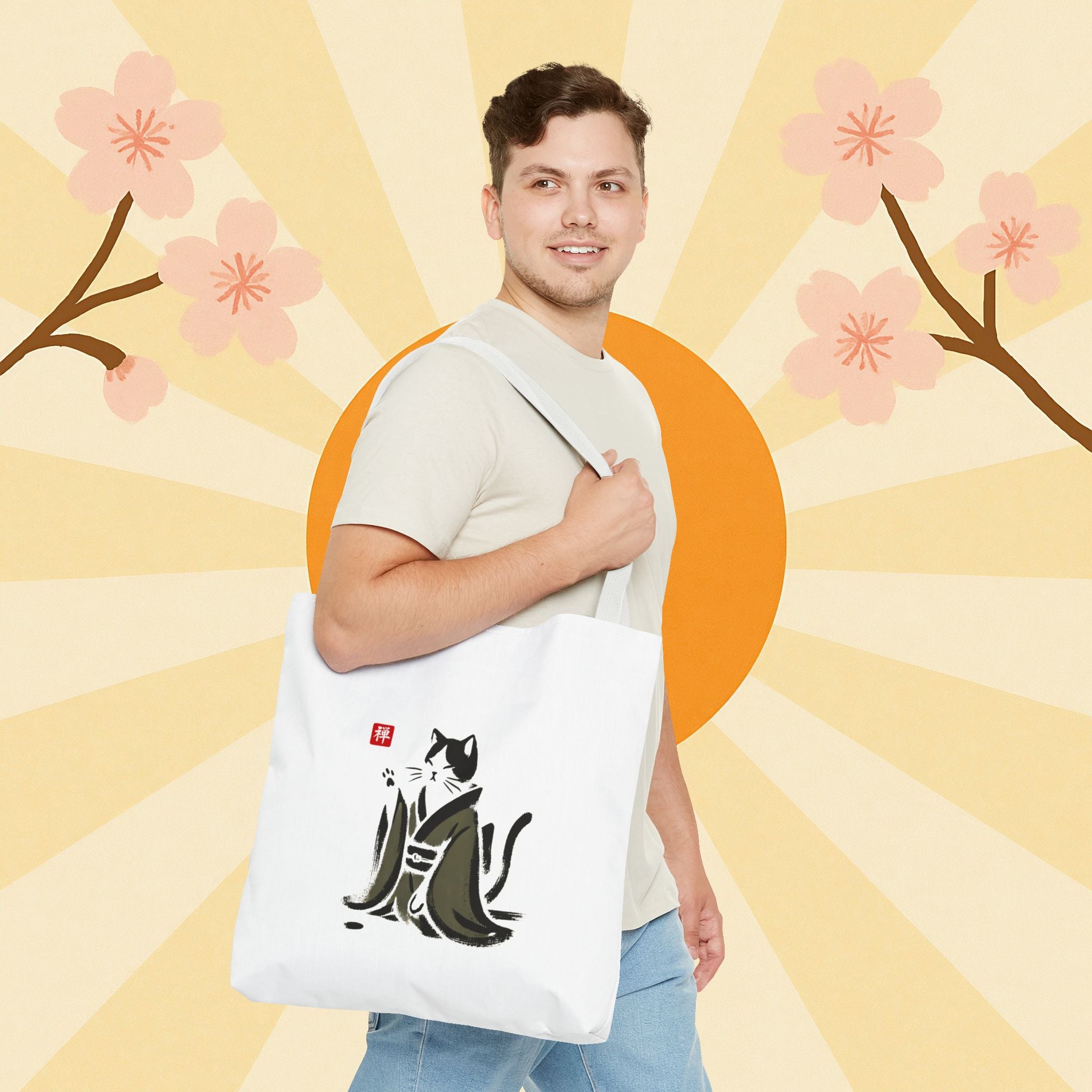 Zen Cat Tote Bag — Japanese Sumi-e Style Cat Illustration