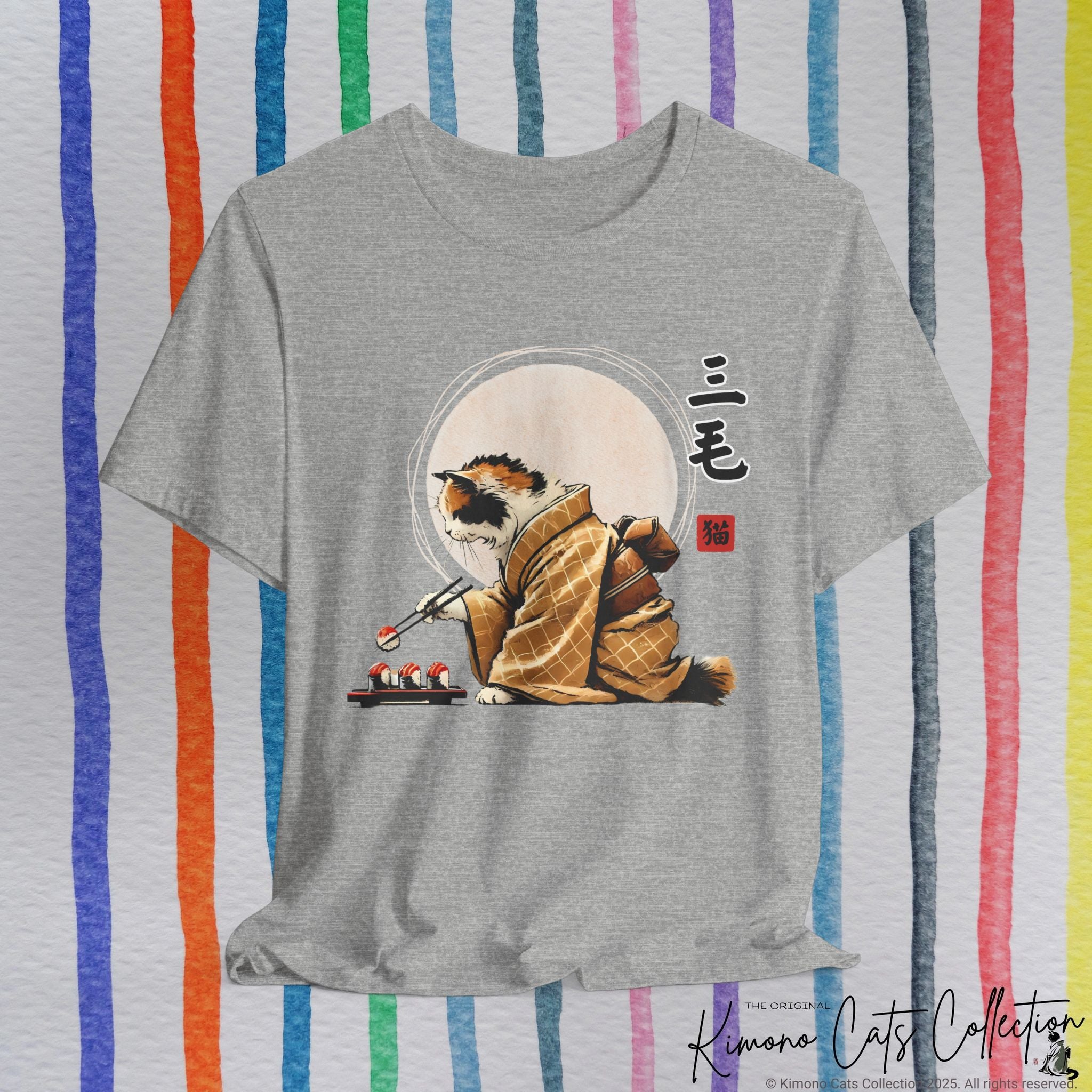 Calico Cat in Kimono Eating Sushi - T-Shirt