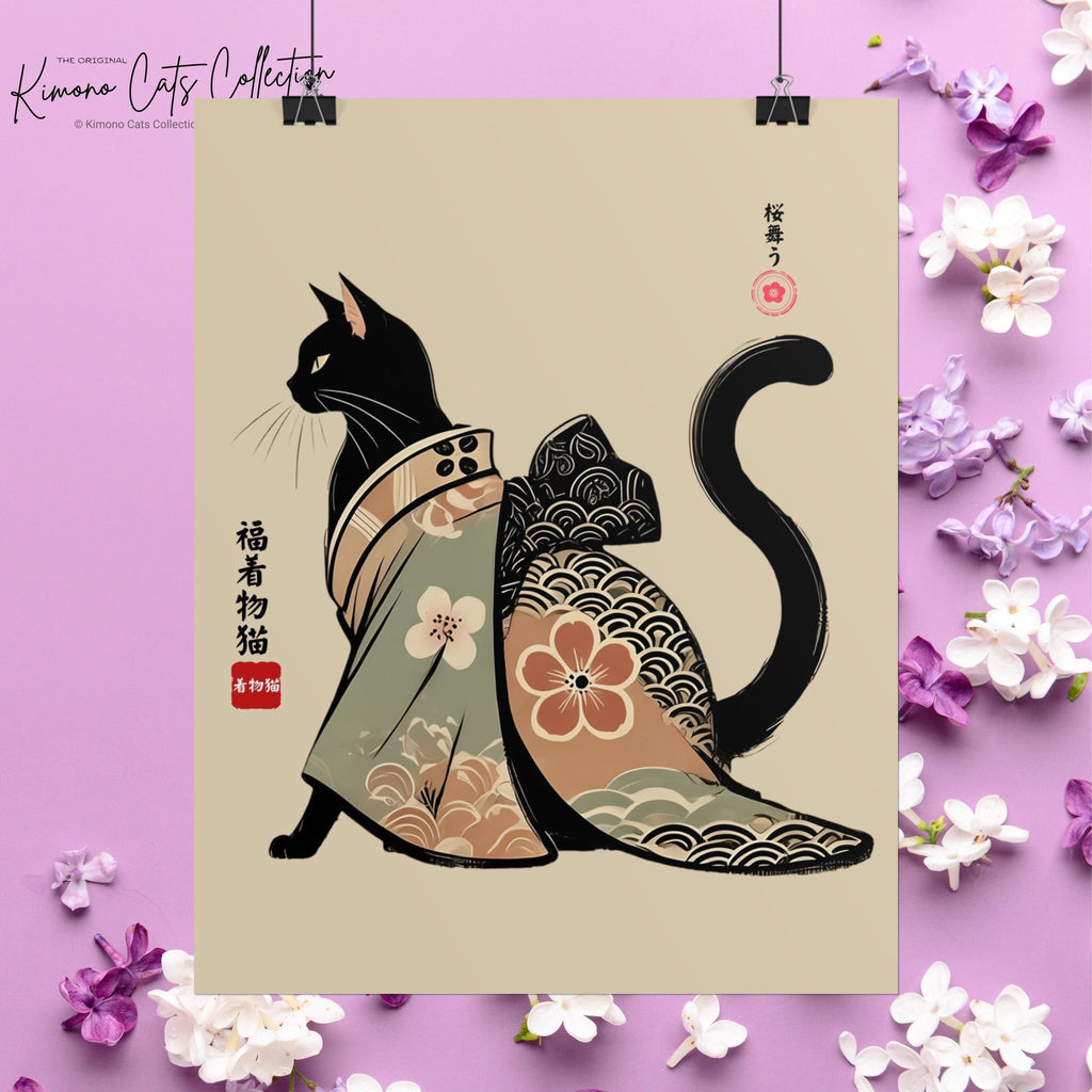 Lucky Kimono Cat Wall Art – 福着物猫 | Japanese Sumi-e Print