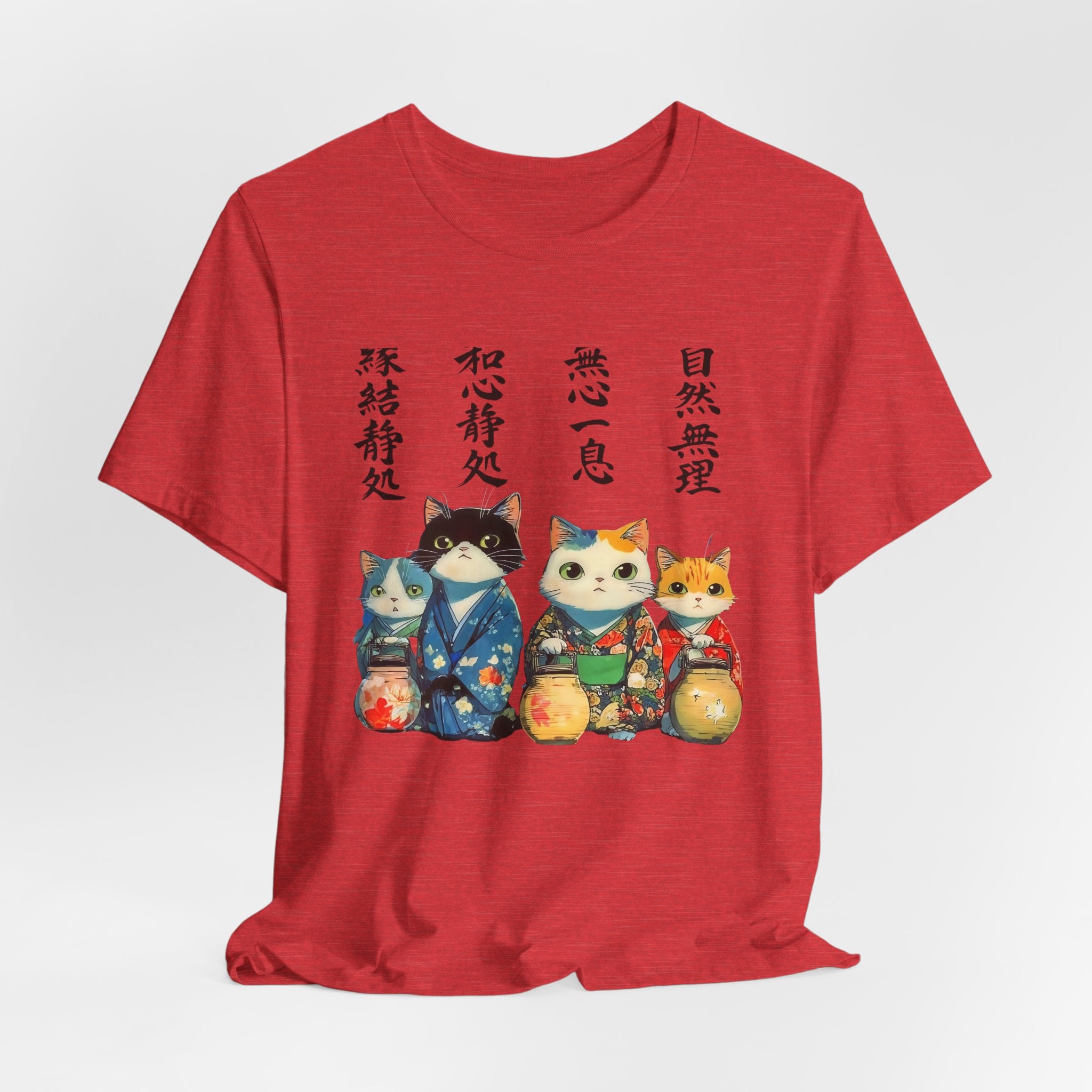 Zen Cats in Kimono Short Sleeve Tee | Japanese Lanterns, Watercolor Calligraphy