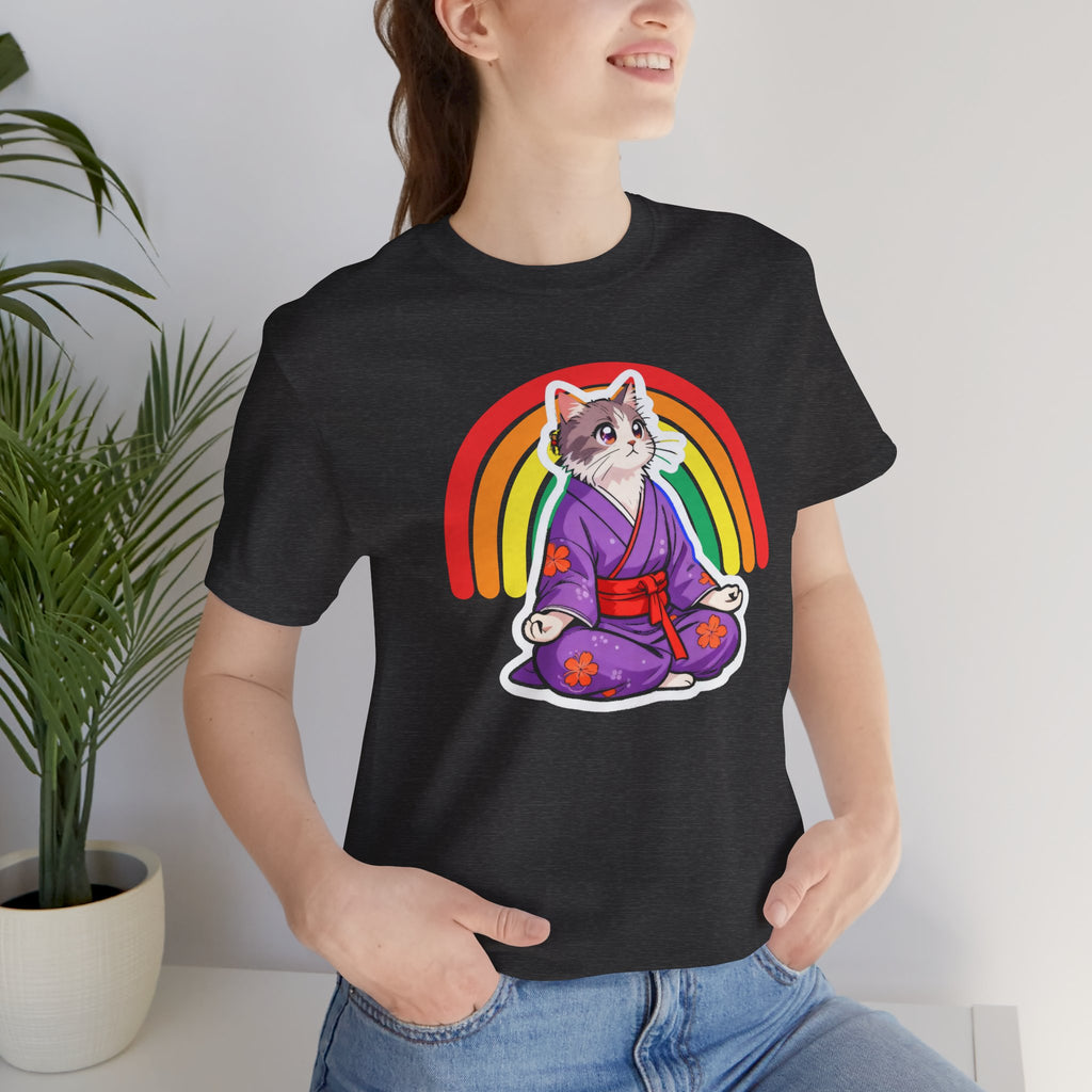 Rainbow Zen Cat Tee | Japanese Meditation Neko Kimono Shirt - Kimono Cats Collection