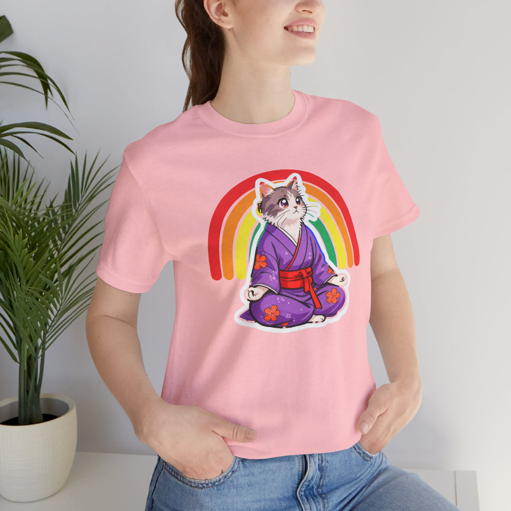 Rainbow Zen Cat Tee | Japanese Meditation Neko Kimono Shirt - Kimono Cats Collection