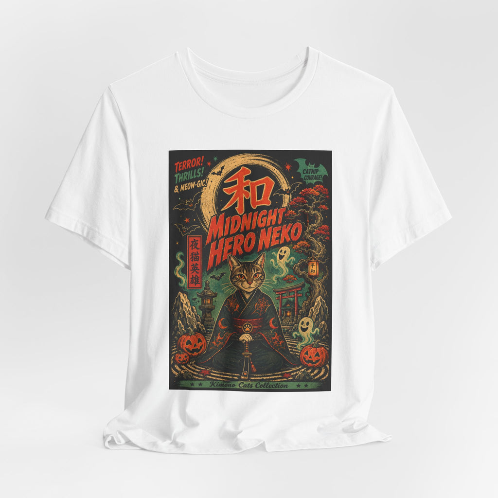 Midnight Hero Neko Tee — Vintage Halloween Cat Graphic T-Shirt