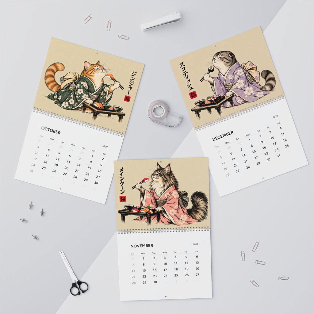Japanese Cat Sushi Art Wall Calendar 2027