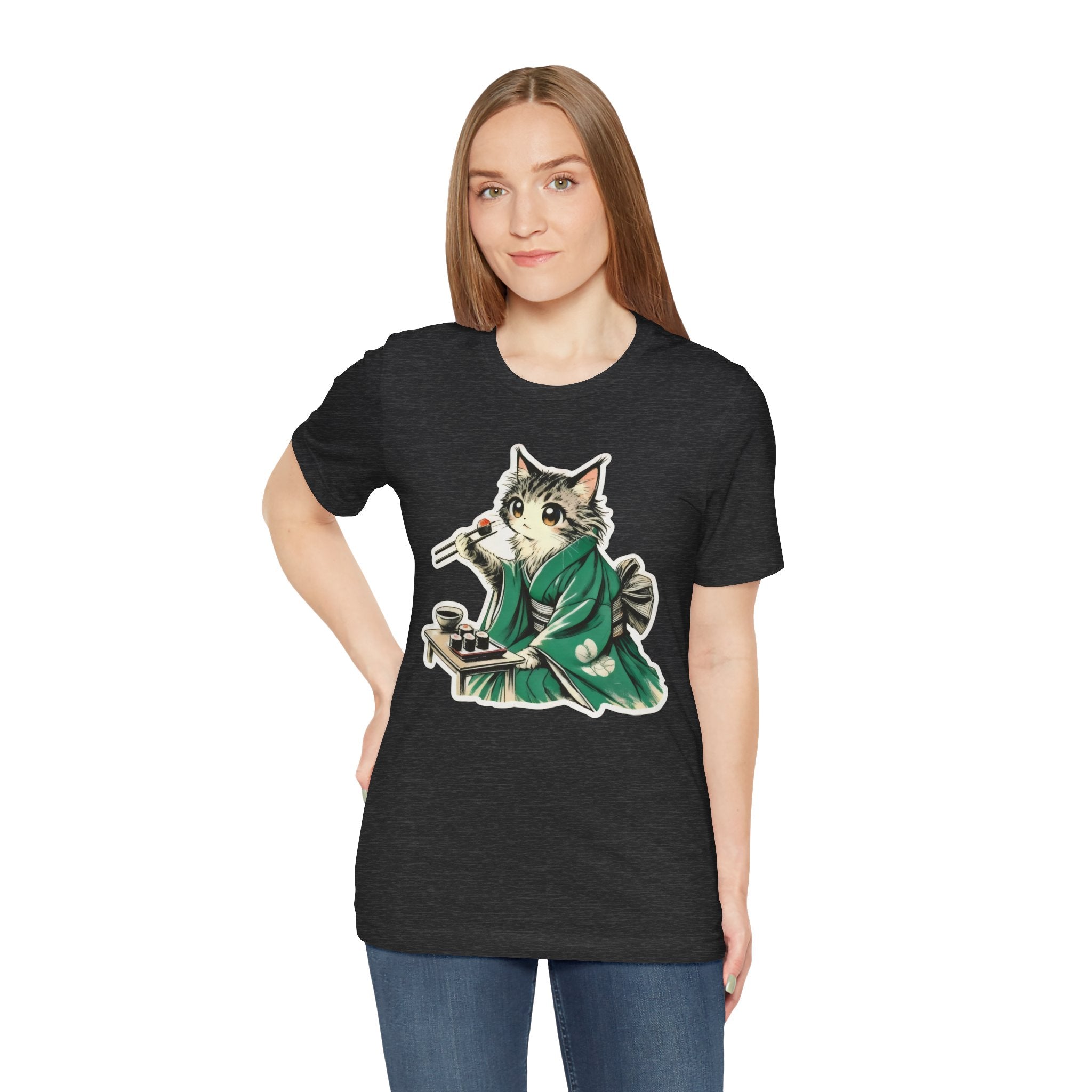 Kat Wearing Kimono Eating Sushi T-Shirt | Cute Japanese Cat Illustration