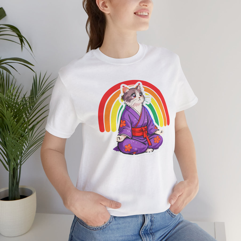 Rainbow Zen Cat Tee | Japanese Meditation Neko Kimono Shirt - Kimono Cats Collection