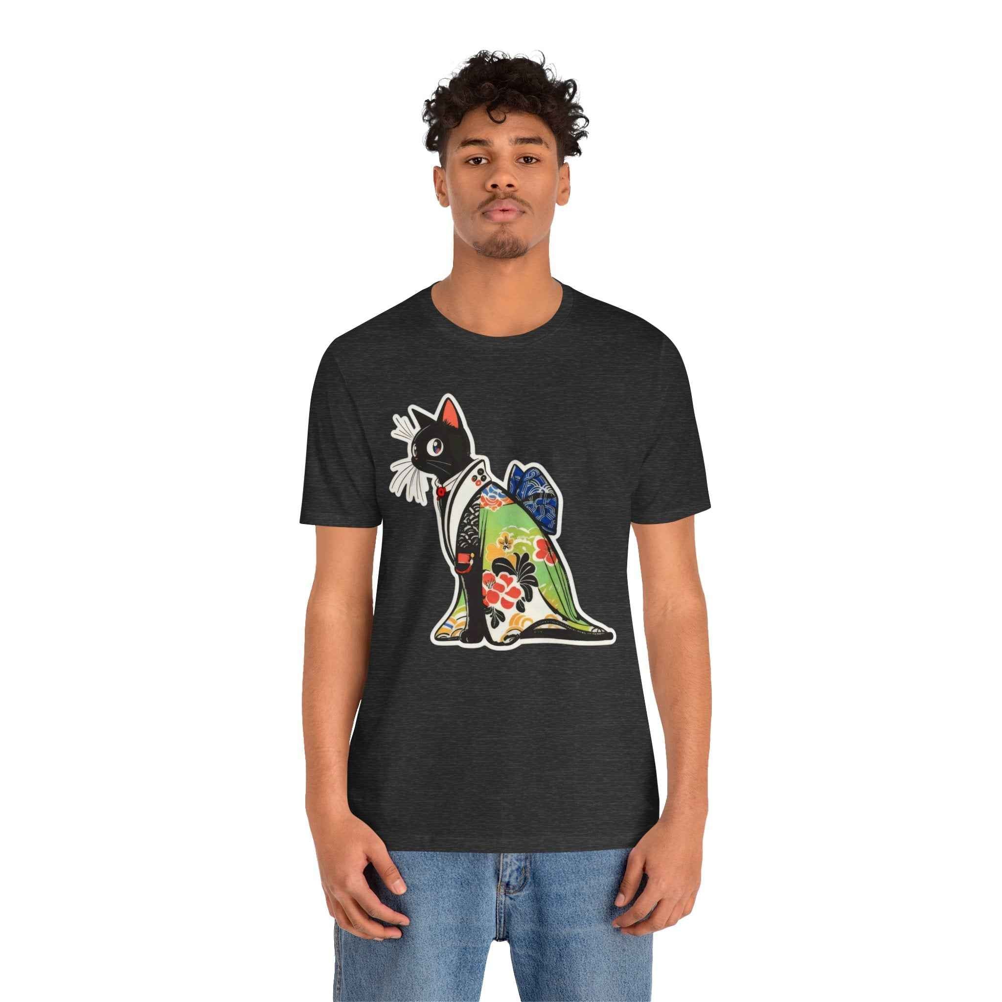 Cat Kimono T‑Shirt — Japanese Floral Black Cat Graphic Tee