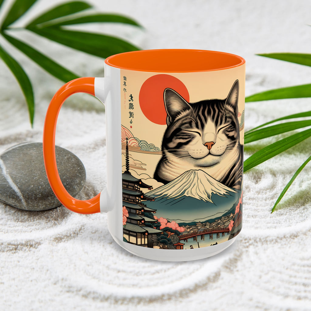 Japanese Fuji Cat Mug - Ukiyo-e Style Gift for Cat Lovers, Pet Mom Coffee Cup, Sleepy Neko Art Design