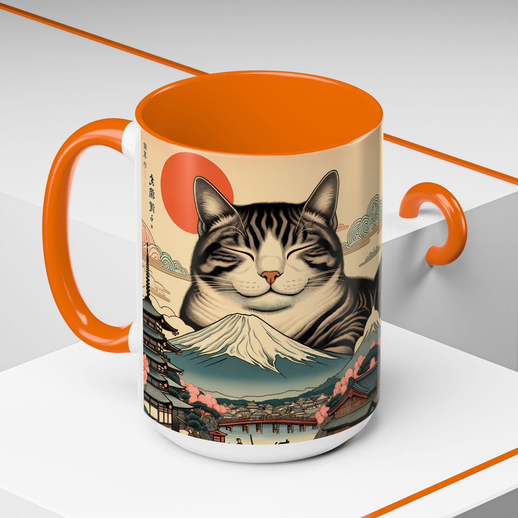 Japanese Fuji Cat Mug - Ukiyo-e Style Gift for Cat Lovers, Pet Mom Coffee Cup, Sleepy Neko Art Design