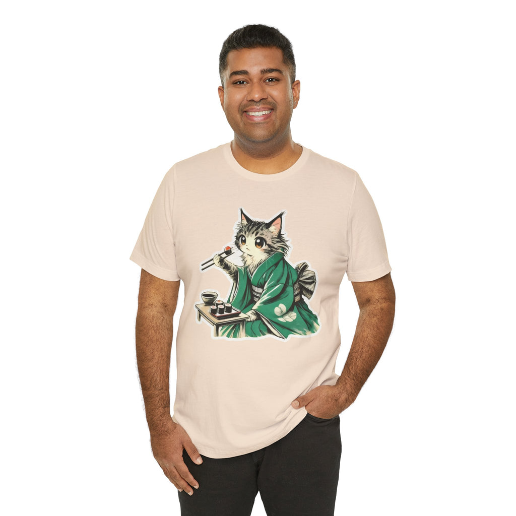 Kat Wearing Kimono T-Shirt - Cute Japanese Cat Illustration Enjoying Sushi - Kimono Cats Collection