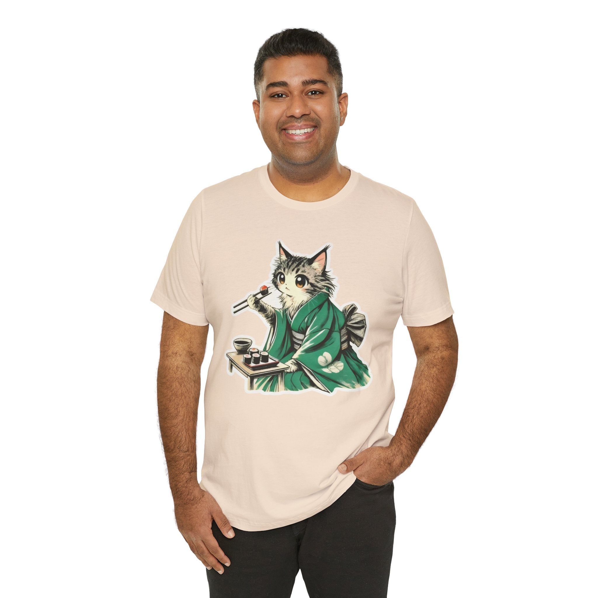 Kat Wearing Kimono T-Shirt - Cute Japanese Cat Illustration Enjoying Sushi - Kimono Cats Collection
