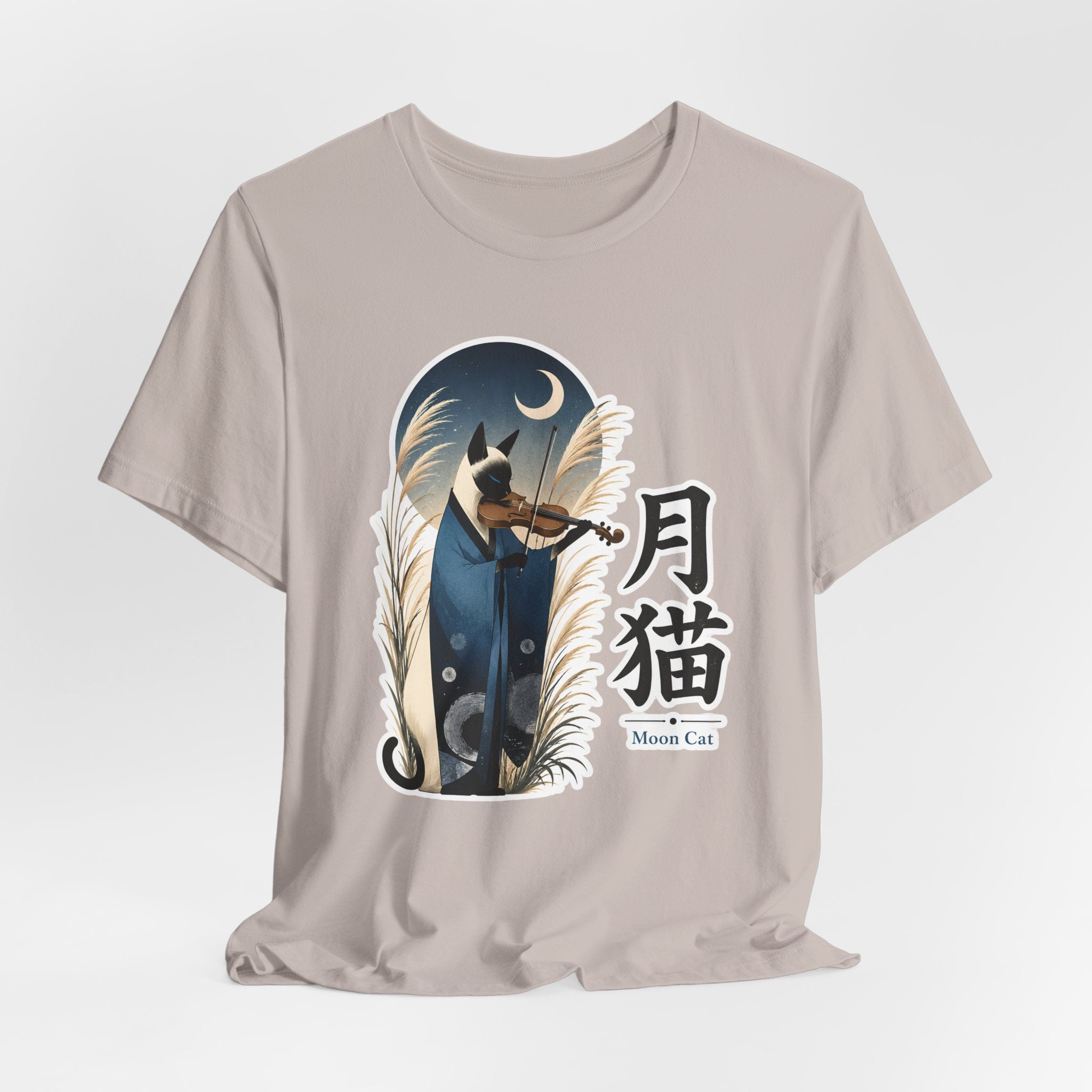 Moon Cat Violin Tee | Lunar Cat Illustration, Japanese Kanji