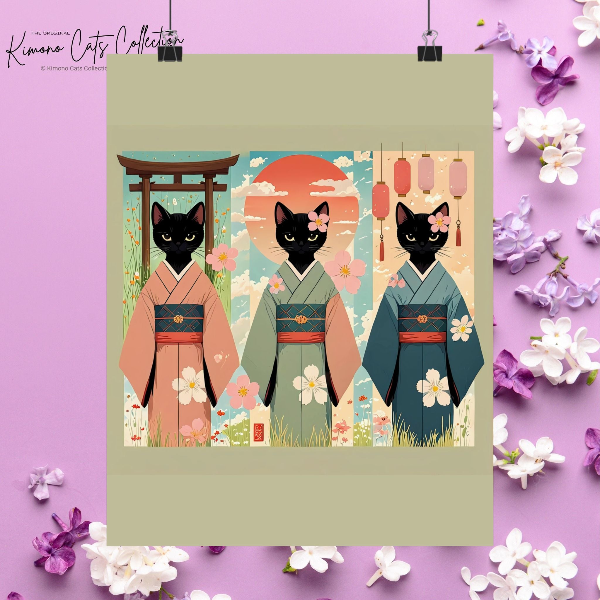 Three Black Cats in Kimonos – Japanese Scroll-Style Wall Art 🐾🎎