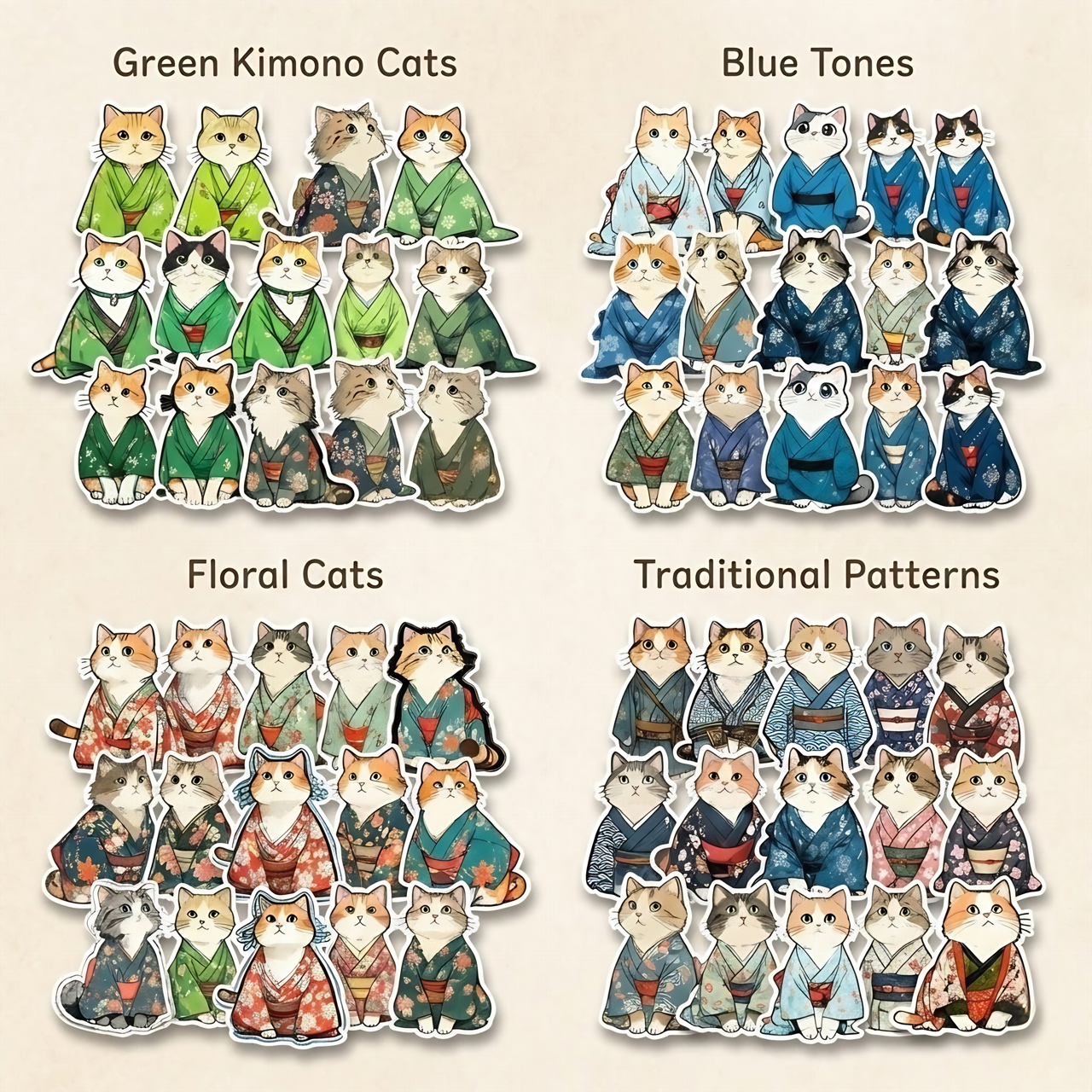 100+ Bundle - Contemplation Cats in Kimonos, Digital Sticker Pack