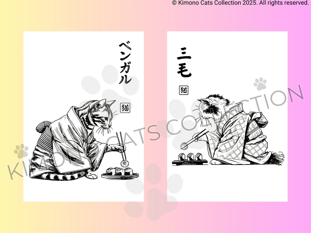 Two illustrations of cats in kimono on a gradient background with 'Kimono Cats Collection' branding.