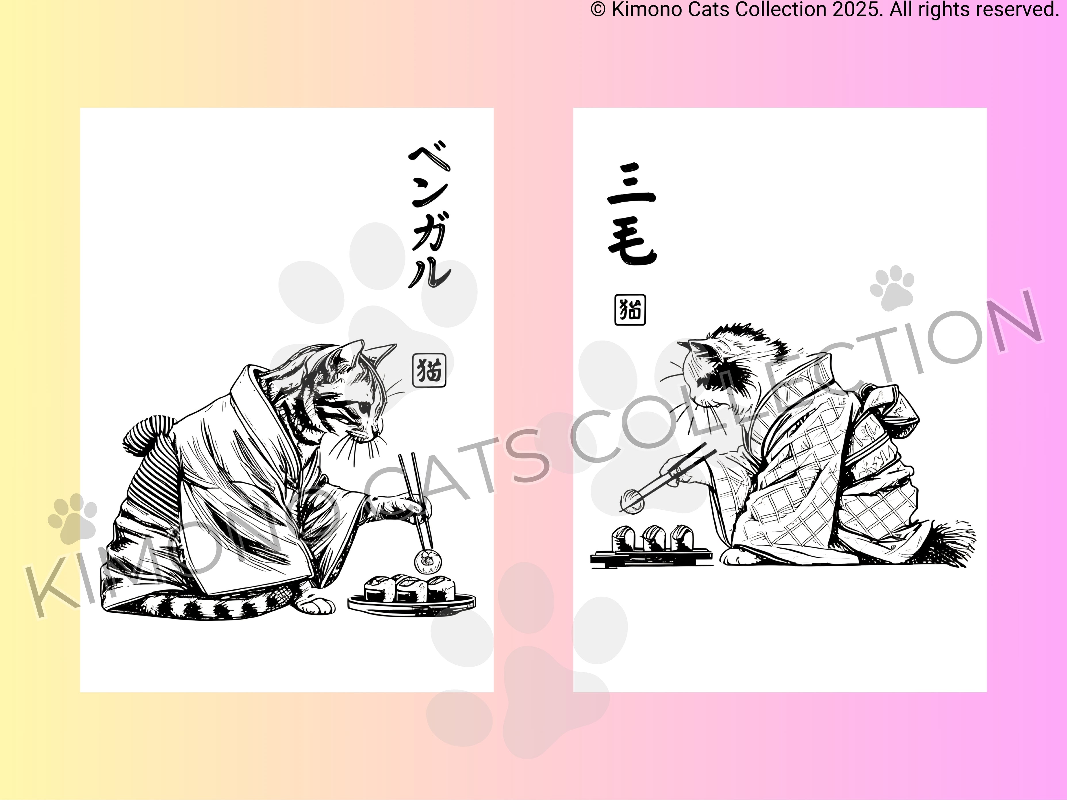 Two illustrations of cats in kimono on a gradient background with 'Kimono Cats Collection' branding.