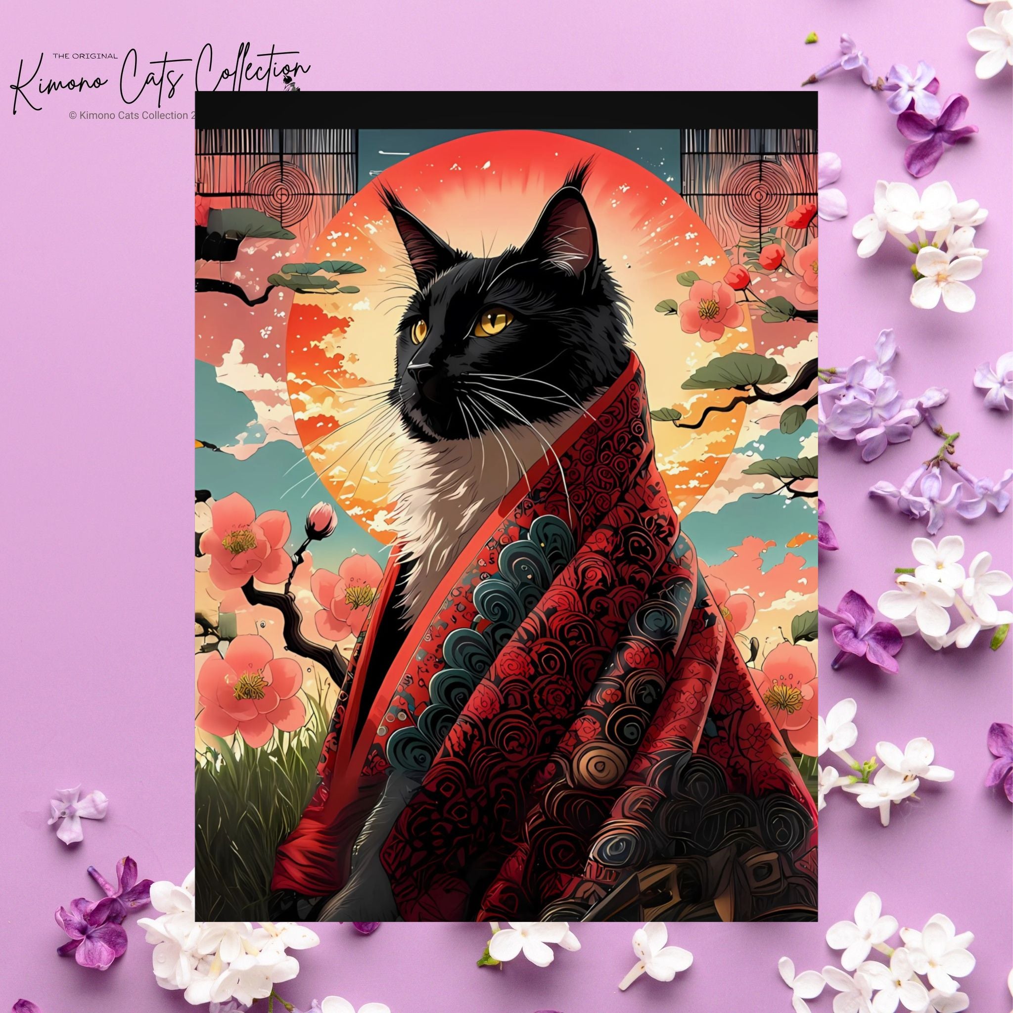Regal Black Cat in Kimono – Red Sun Wall Art 🐾🌸
