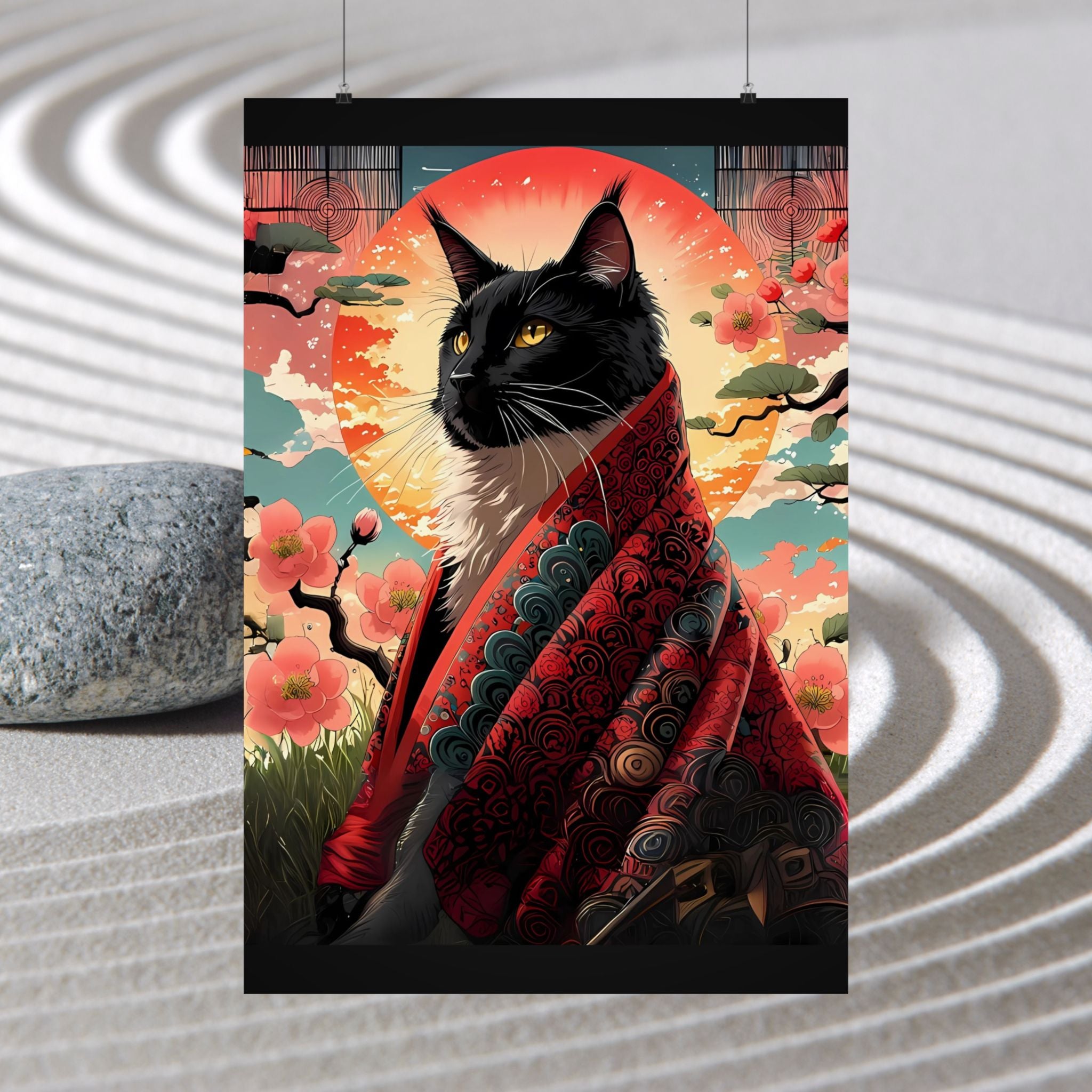 Regal Black Cat in Kimono – Red Sun Wall Art 🐾🌸