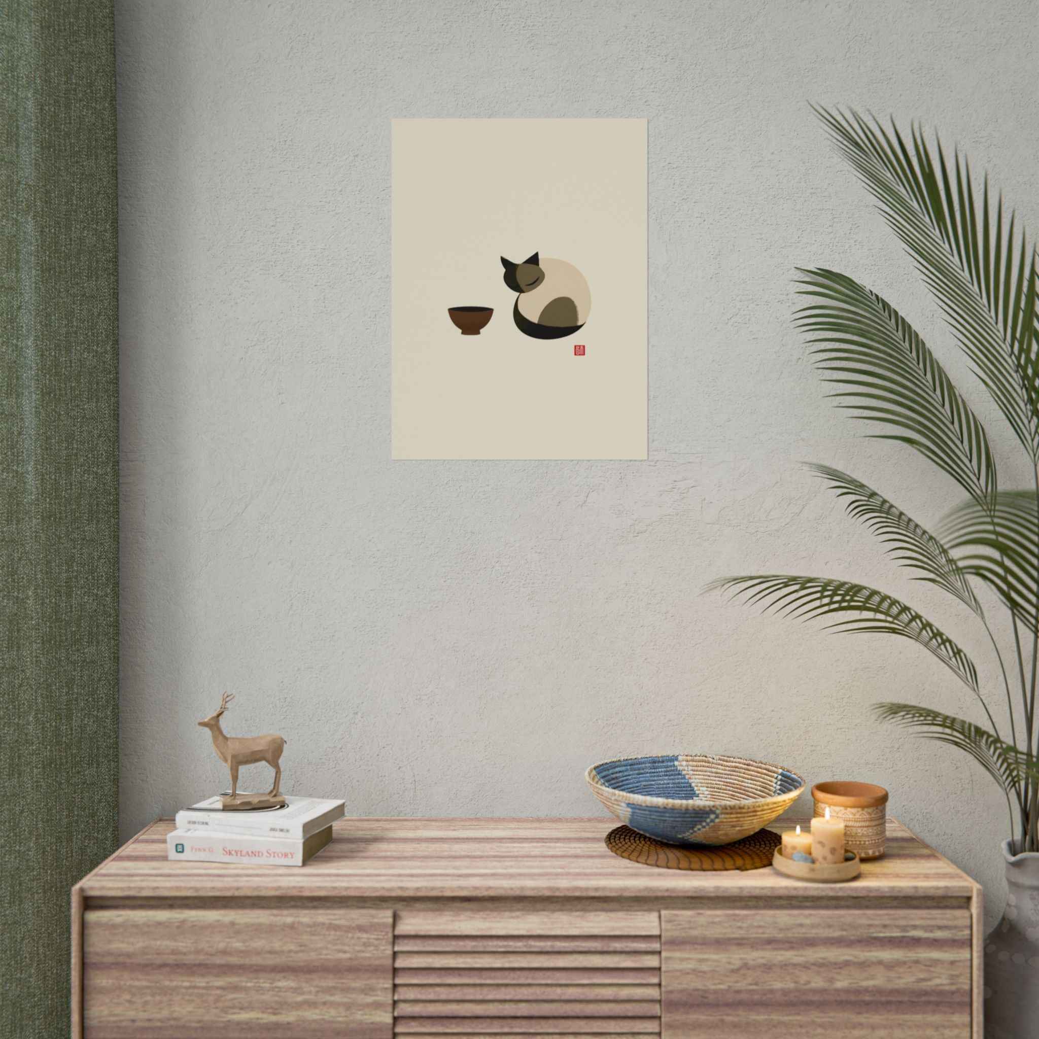 Minimalist Cat & Tea Rolled Poster — Japanese Zen Wall Art