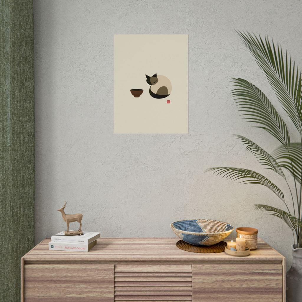 Minimalist Cat & Tea Rolled Poster — Japanese Zen Wall Art