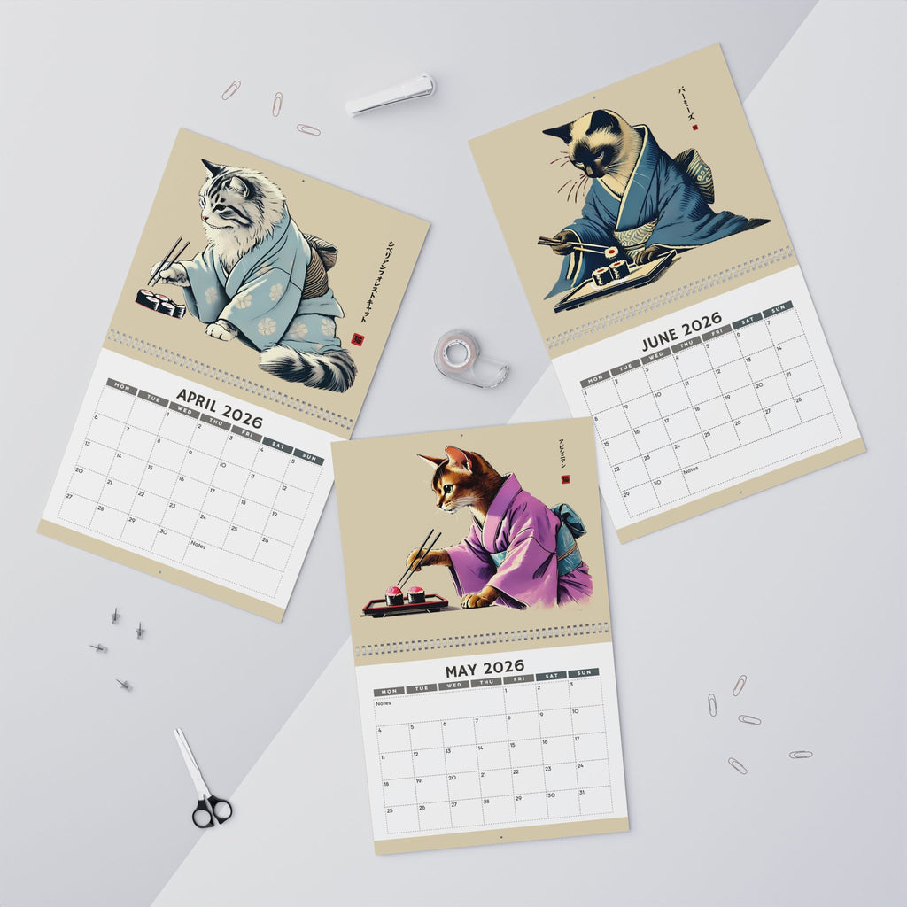 2026 Cats in Kimonos Eating Sushi Calendar - Japan Cat Sumi-e Art