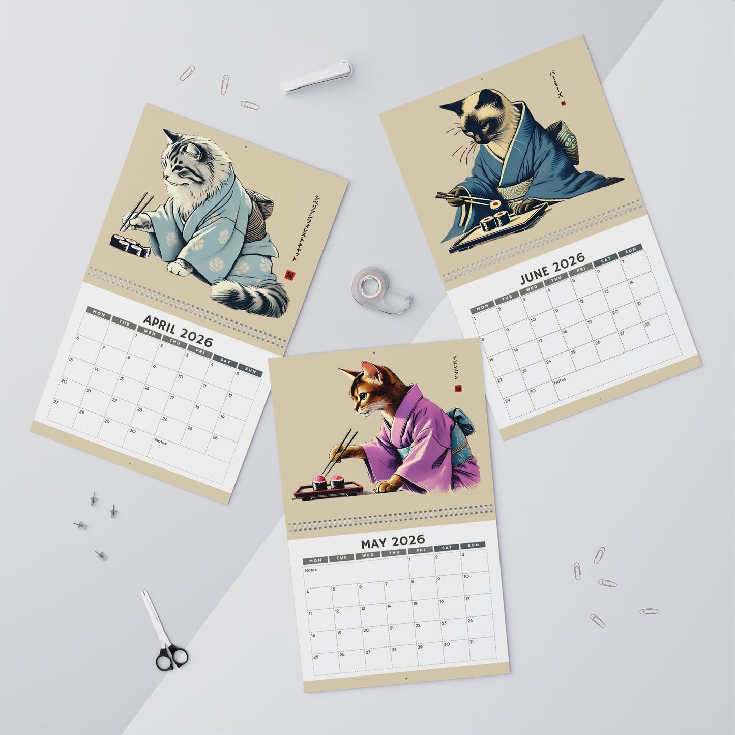 2026 Cats in Kimonos Eating Sushi Calendar - Japan Cat Sumi-e Art, Ukiyo-e Inspired, Vibrant Monthly Wall Decor