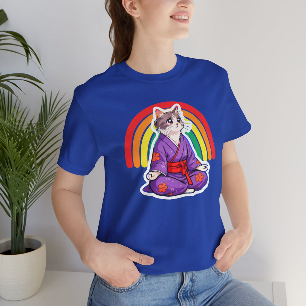 Rainbow Zen Cat Tee | Japanese Meditation Neko Kimono Shirt - Kimono Cats Collection
