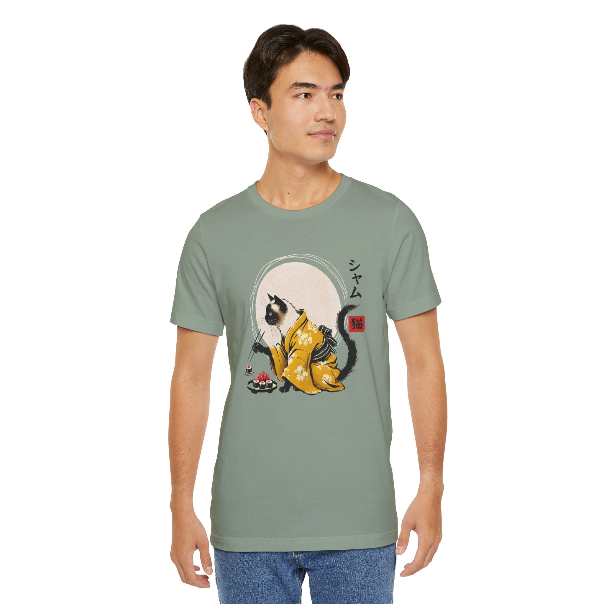 Siamese Cat Tee - Kimono Cat Eating Sushi T-Shirt, Japanese Neko