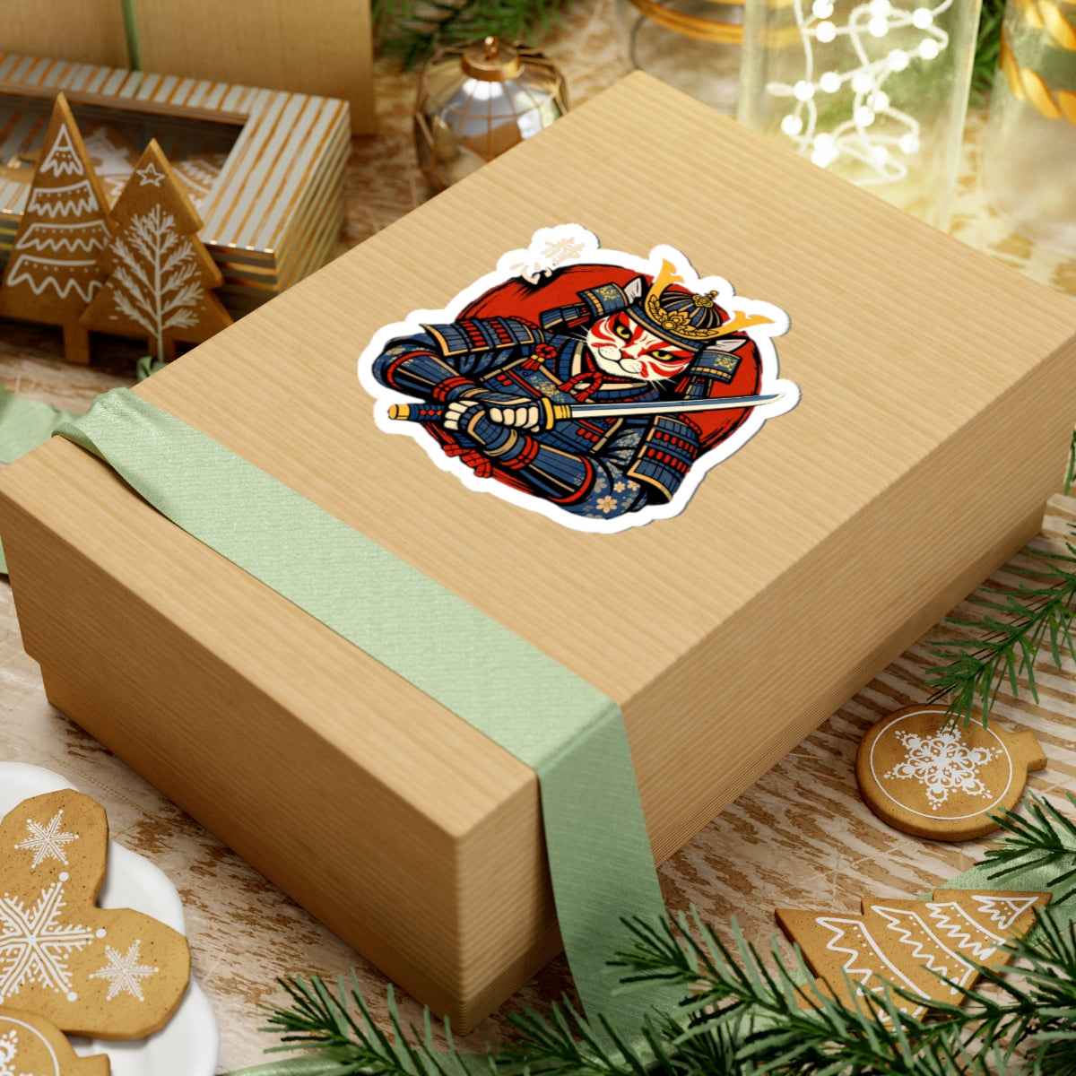 Samurai Cat Illustration Sticker | Kiss-Cut Vinyl Sticker, Anime Warrior Decal