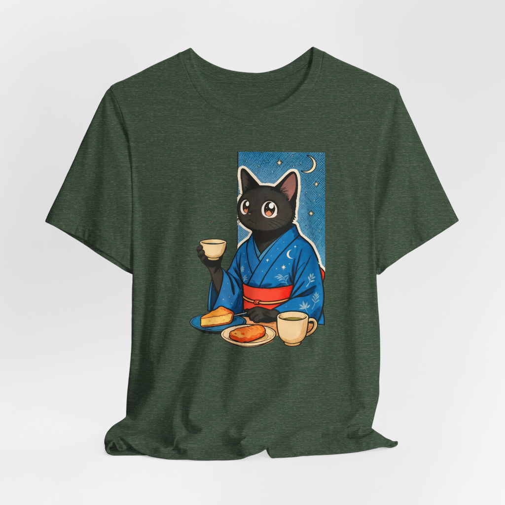 Midnight Tea Cat Shirt - Japanese Kimono Black Cat Tee | Cozy Night Aesthetic