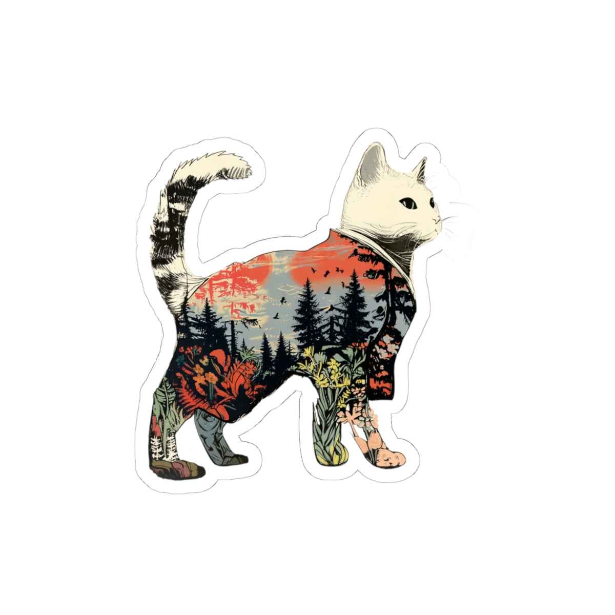 Cat Silhouette Sticker | Scenic Forest Sunset Kiss-Cut Sticker