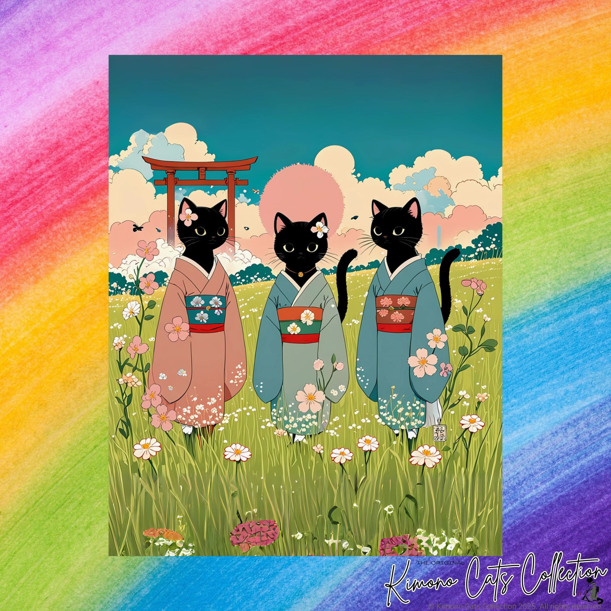 Three Black Cats in Kimonos – Wall Art 🐾🌸