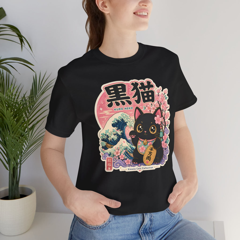 Maneki Neko Black Cat Tee | Japanese Lucky Cat, Sakura Waves Graphic Shirt
