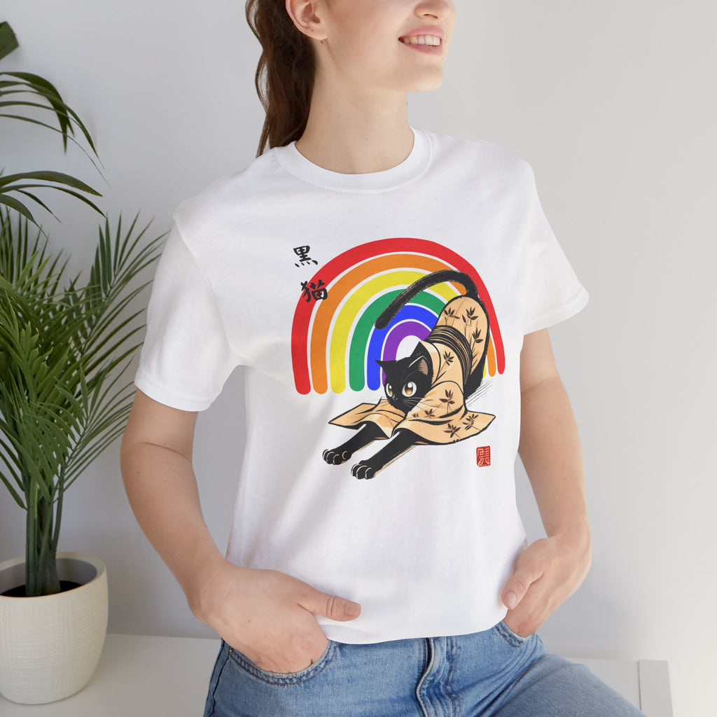 Rainbow Kuro Neko T-Shirt | Yoga Cat Shirt in Black Cat Kimono Design - Kimono Cats Collection