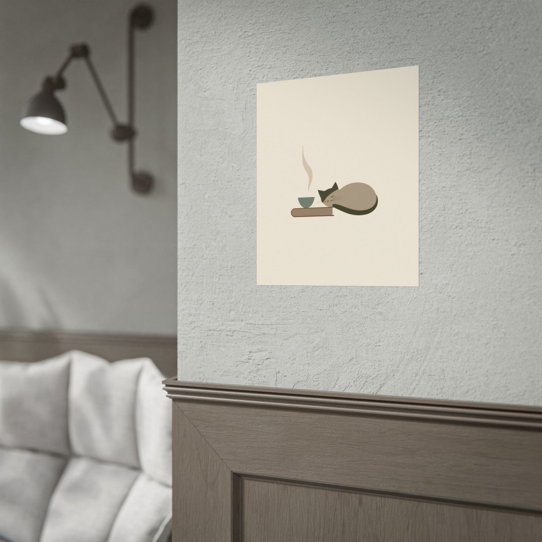 Minimalist Cat Nap Poster – Cozy Tea & Book Wall Art