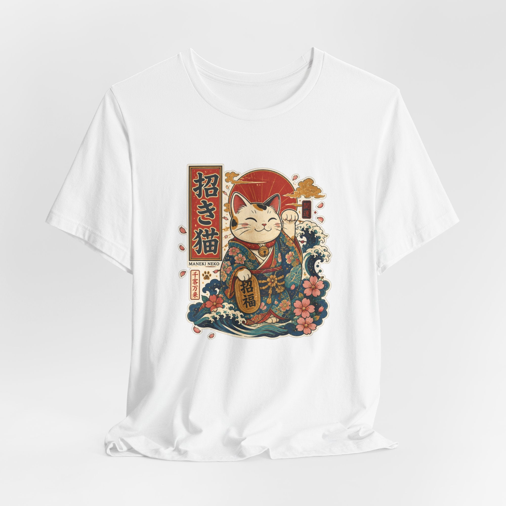 Maneki Neko Lucky Cat T-Shirt — Japanese Wave & Floral Good Fortune Tee