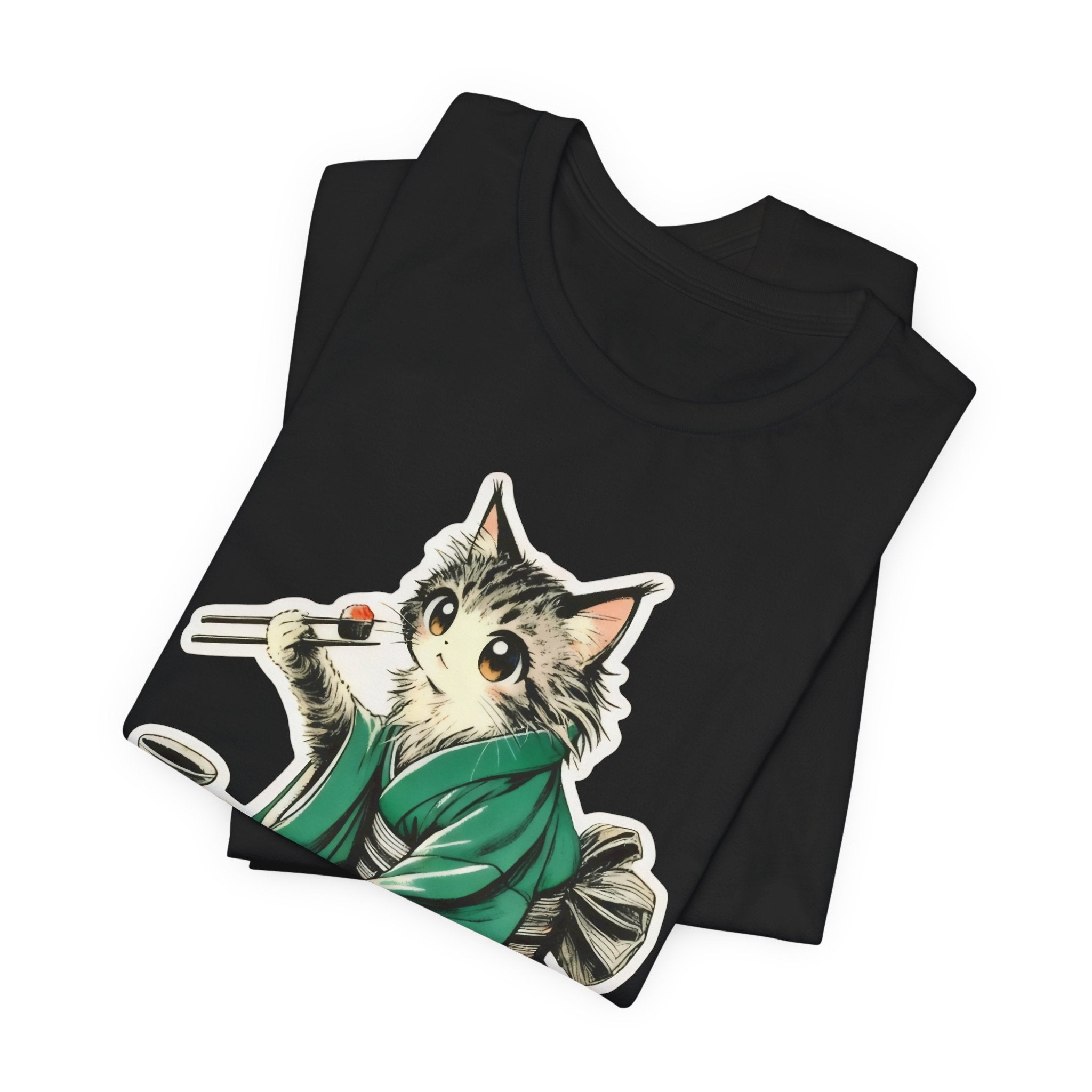 Kat Wearing Kimono Eating Sushi T-Shirt | Cute Japanese Cat Illustration