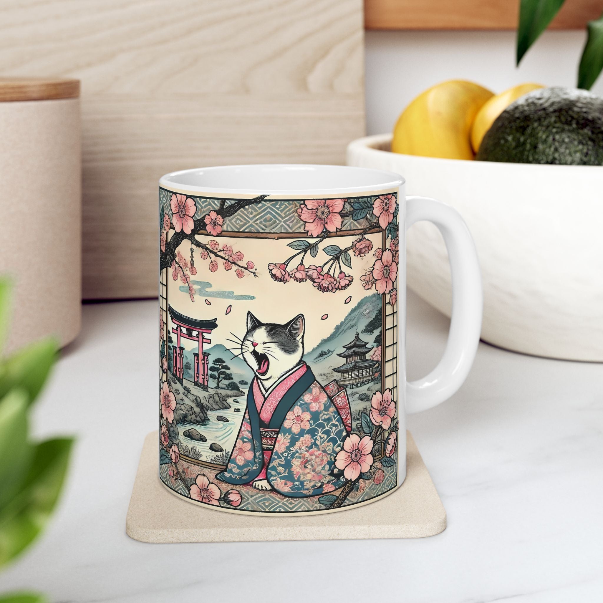 Cute Geisha Cat Mug - Charming Ceramic Drinkware for Cat Lovers - Kimono Cats Collection