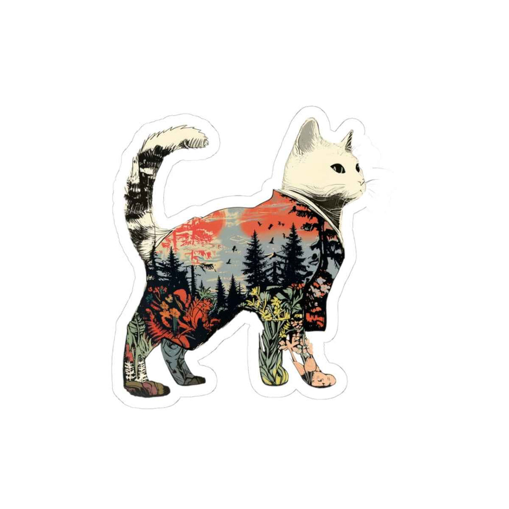 Cat Silhouette Sticker | Scenic Forest Sunset Kiss-Cut Sticker
