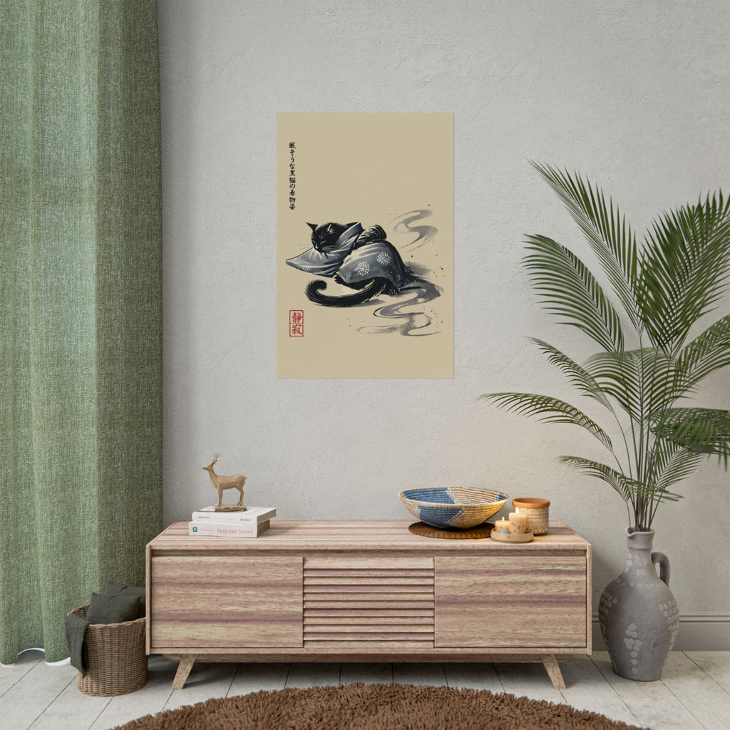 Sleeping Black Cat in Kimono – Sumi-e Zen Art Print