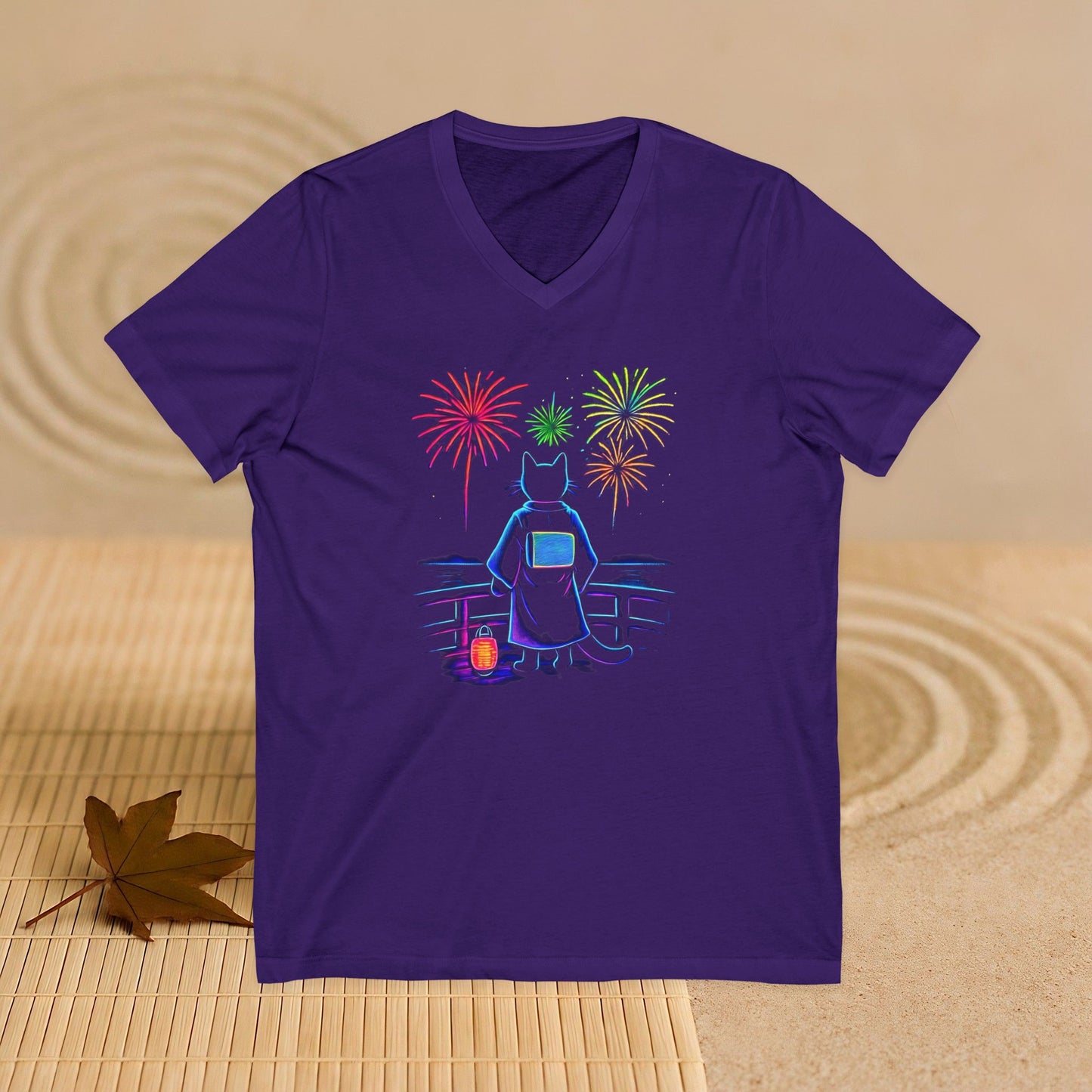V-Neck Tee Cat Watching Fireworks - Unisex