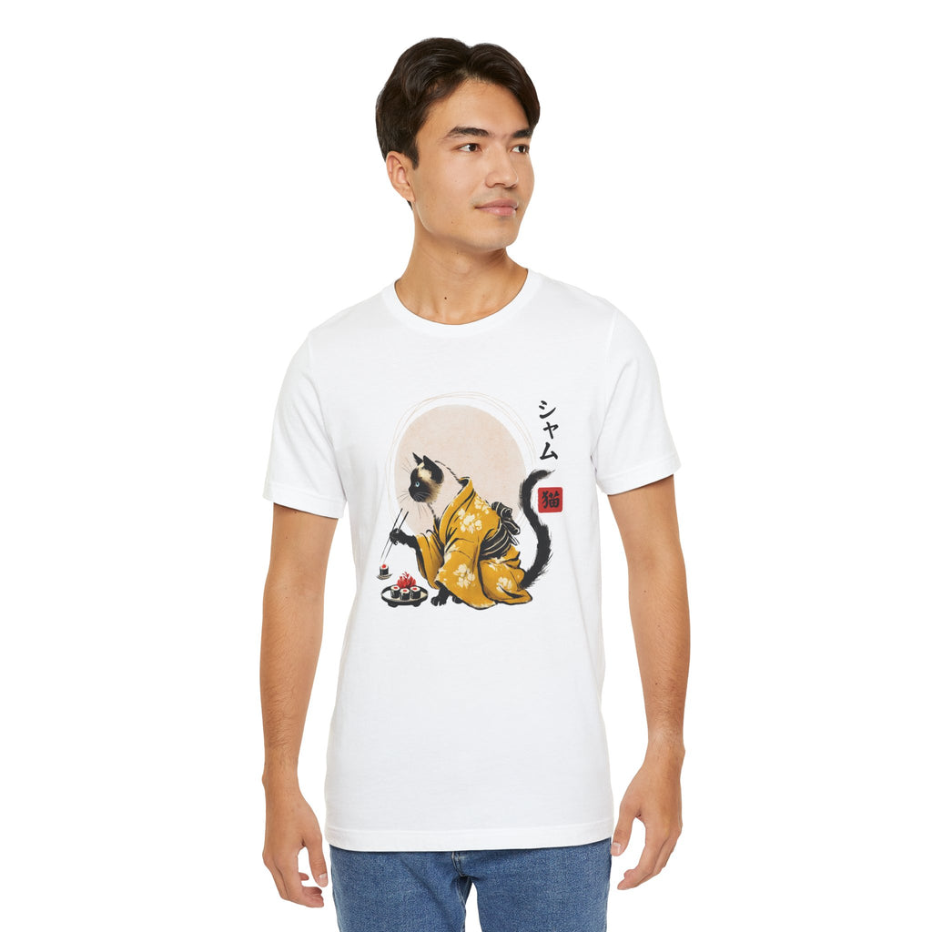 Siamese Cat Tee - Kimono Cat Eating Sushi T-Shirt, Japanese Neko