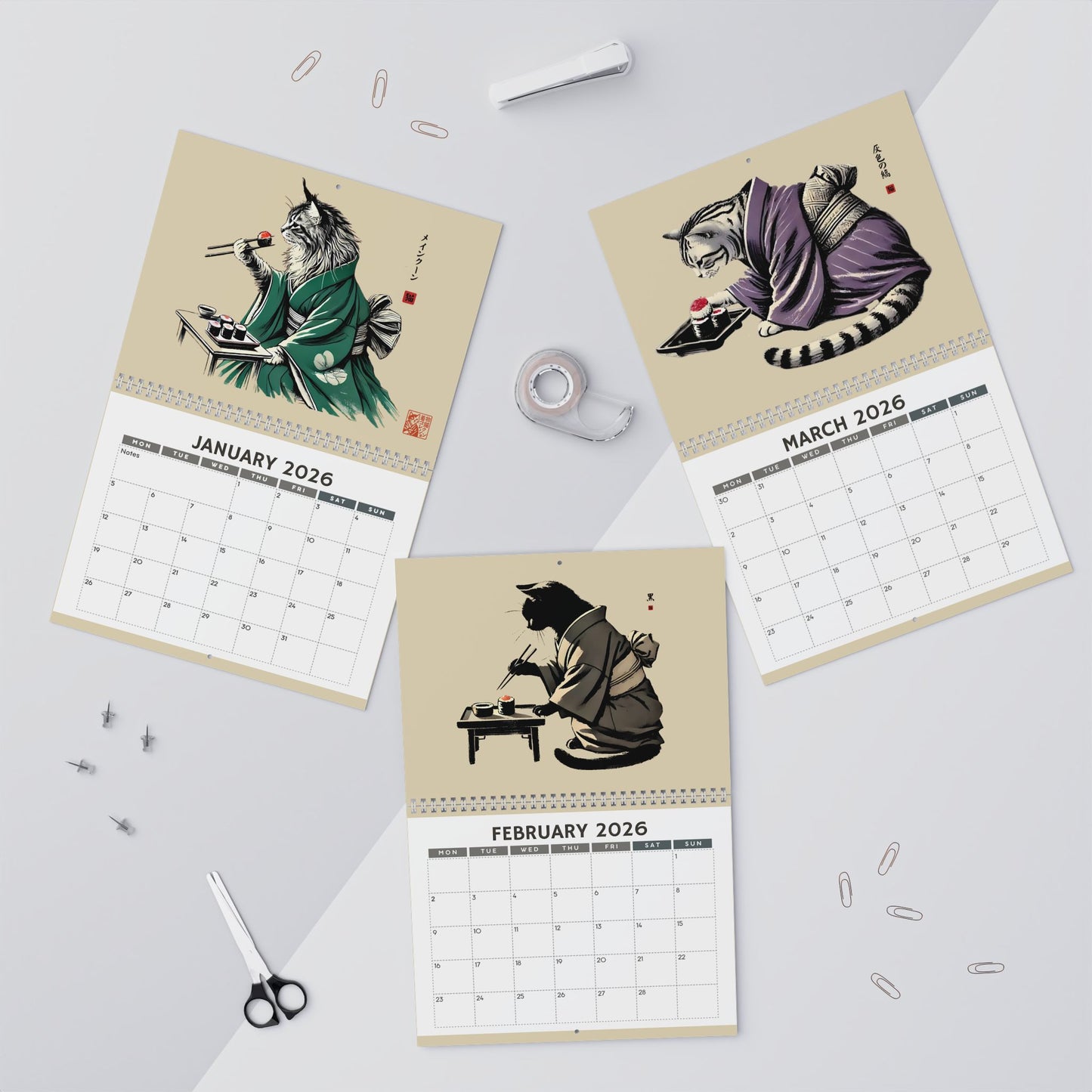 2026 Cats in Kimonos Eating Sushi Calendar - Japan Cat Sumi-e Art, Ukiyo-e Inspired, Vibrant Monthly Wall Decor