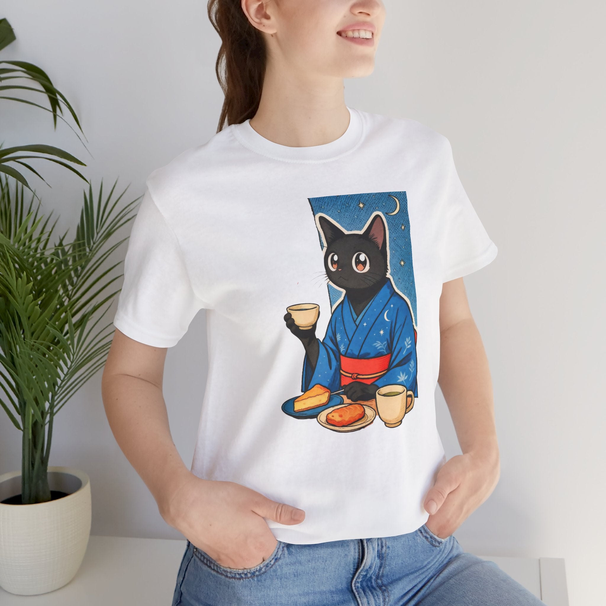 Midnight Tea Cat Shirt - Japanese Kimono Black Cat Tee | Cozy Night Aesthetic