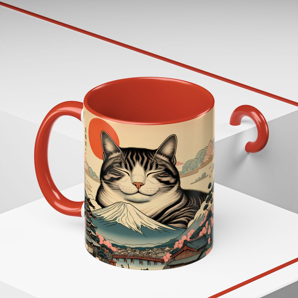 Japanese Fuji Cat Mug - Ukiyo-e Style Gift for Cat Lovers, Pet Mom Coffee Cup, Sleepy Neko Art Design