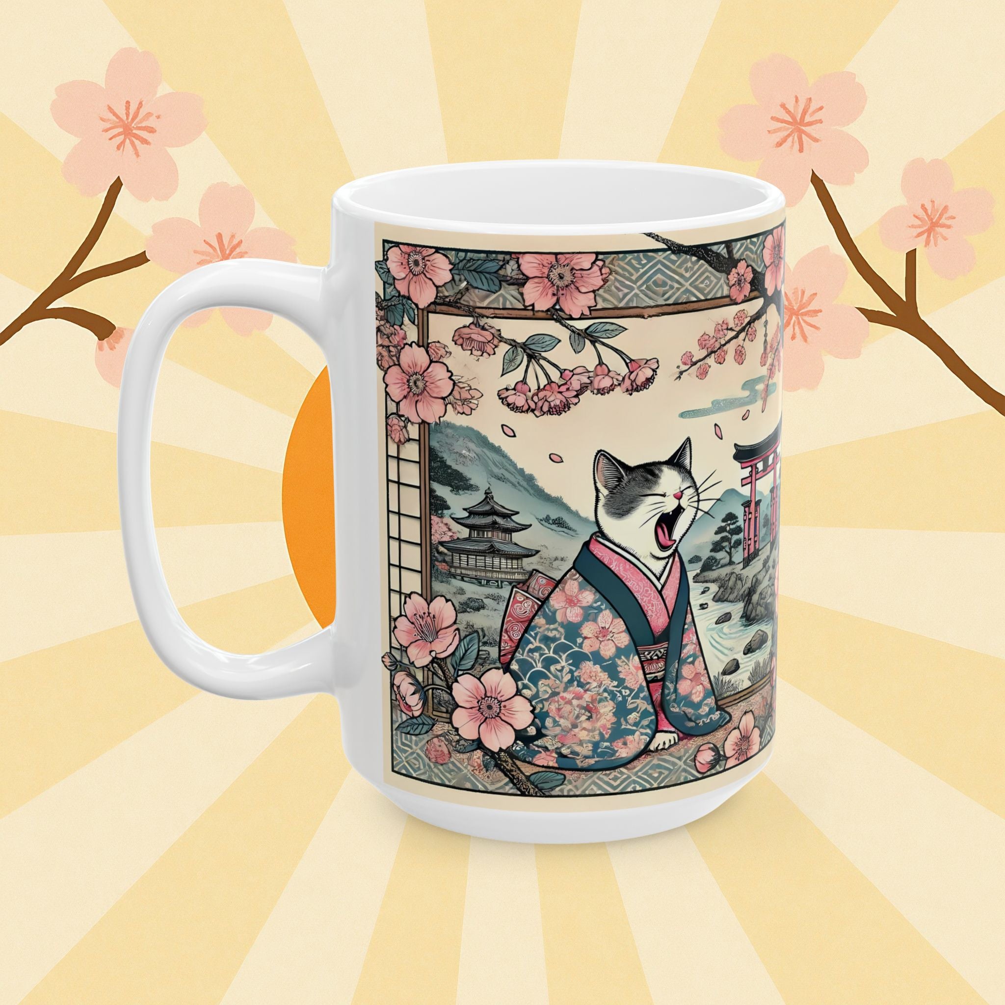 Cute Geisha Cat Mug - Charming Ceramic Drinkware for Cat Lovers - Kimono Cats Collection
