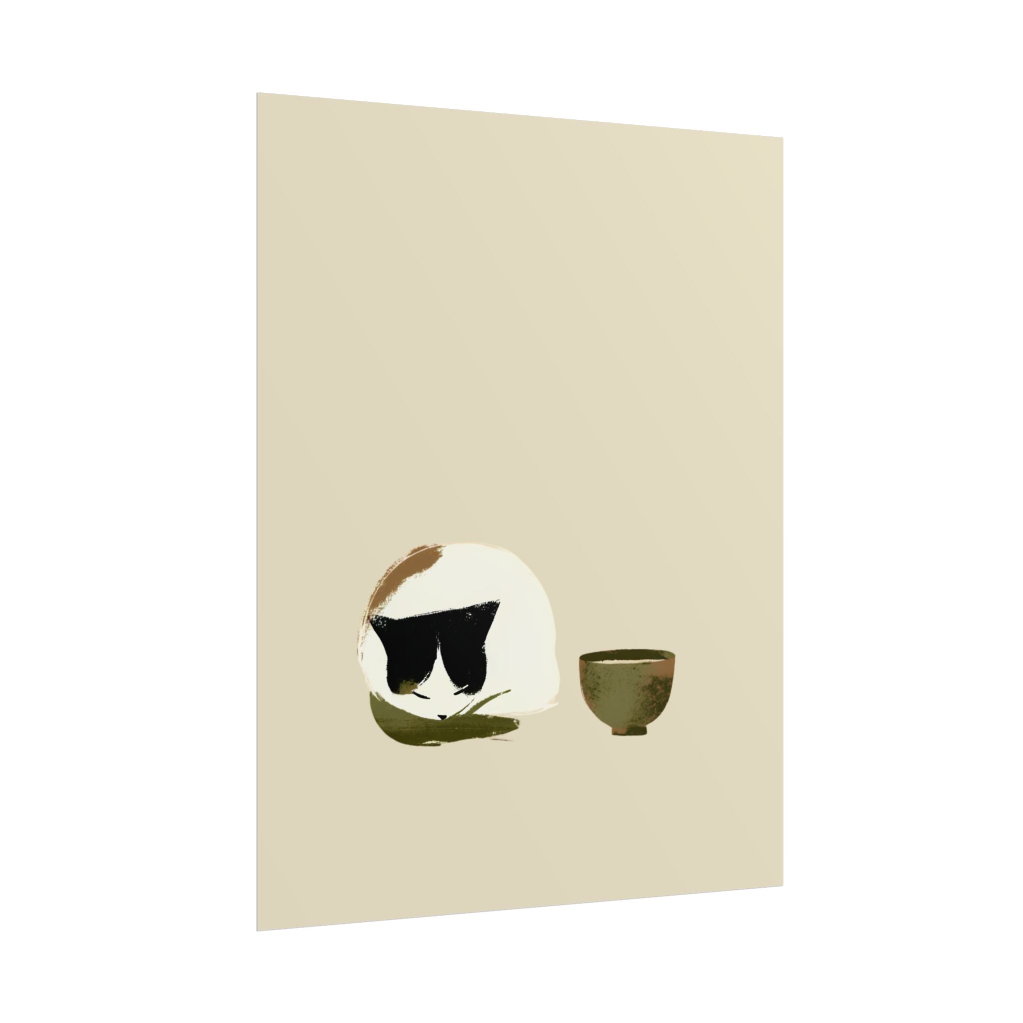 Minimal Cat and Tea Poster — Cute Calico Cat with Tea Cup Wall Art