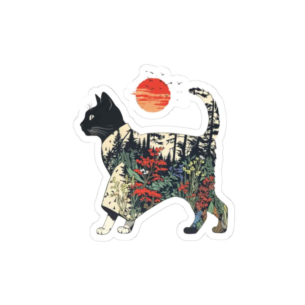 Nature Cat Kiss-Cut Sticker | Forest Landscape Cat with Sun