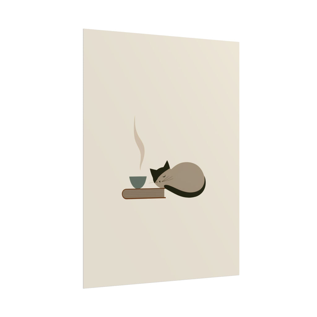 Minimalist Cat Nap Poster – Cozy Tea & Book Wall Art