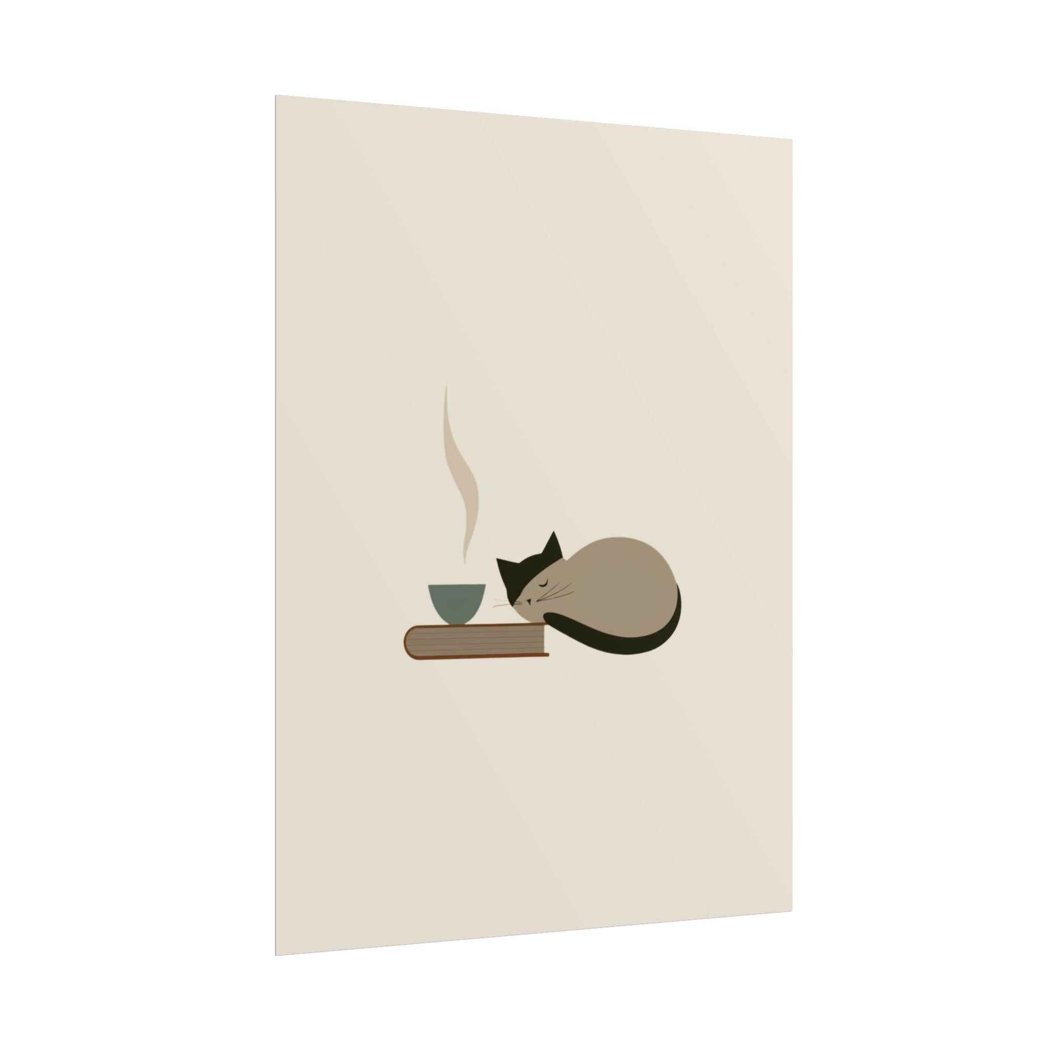 Minimalist Cat Nap Poster – Cozy Tea & Book Wall Art